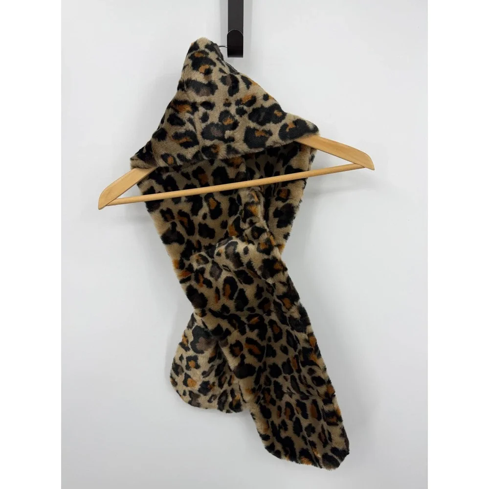 UGG Leopard Faux Fur Hooded Scarf Women OS Tan Brown Animal Print Luxury